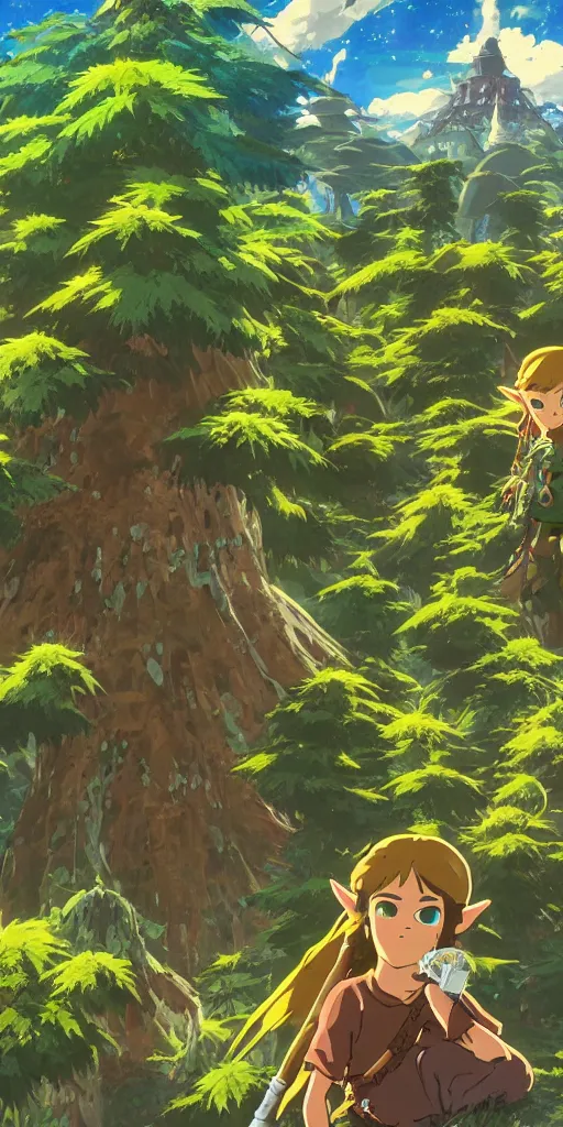 Prompt: epic cannabis tree forest, link and zelda high af smoking blunt, vivid tones, wide angle, by miyazaki, nausicaa, studio ghibli, breath of the wild