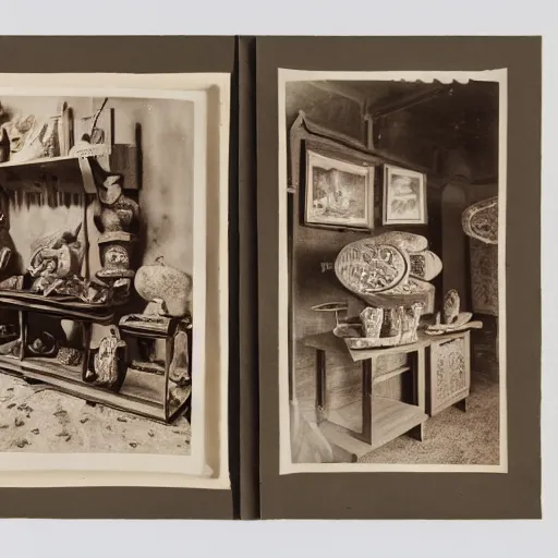 Prompt: A three color offset photography of a collection of objects on display, anthropology of wonder, exotic artifacts, colonial expedition, catalog exhibition, 60s