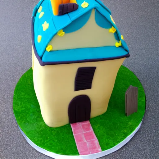 Prompt: a house with a cake as a roof