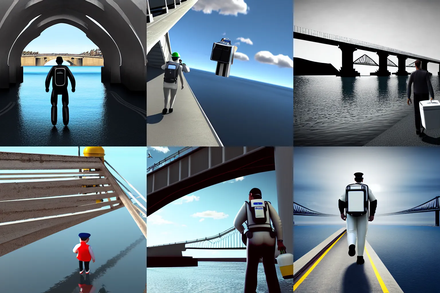 Prompt: a milkman with a jetpack inspecting an endless bridge, photo realistic, realistic lighting, realistic shadows, ocean, bridge, milkman, surface reflections