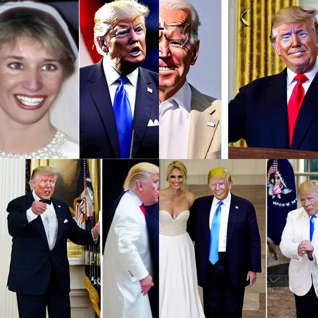 Prompt: joe biden and donald trump getting married, joe biden is in a wedding dress and donald trump is in a tuxedo