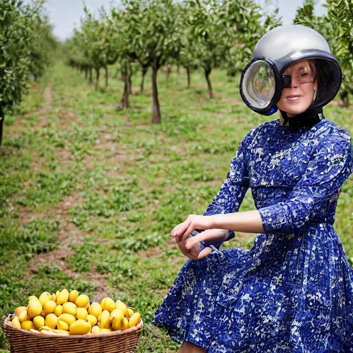 Image similar to a closeup portrait of a woman in a scuba helmet, wearing a dress made of beads, picking lemons in an orchard, color photograph, by vincent desiderio, canon eos c 3 0 0, ƒ 1. 8, 3 5 mm, 8 k, medium - format print