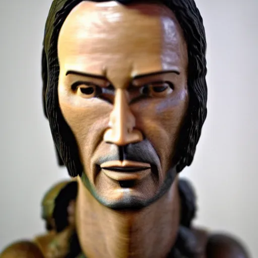 Image similar to a wooden sculpture of keanu reaves in the matrix