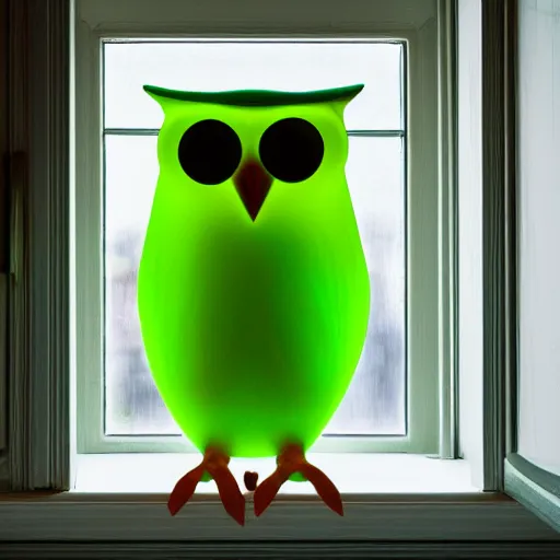 Image similar to green duolingo owl outside a window, living room, night, dark, lamp