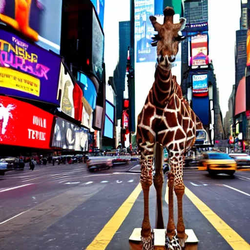 Prompt: a still of a giraffe stand in the intersection at times square. motion blur