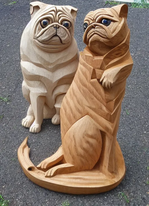 Prompt: wood carving of a pug squaring up to a large tabby cat