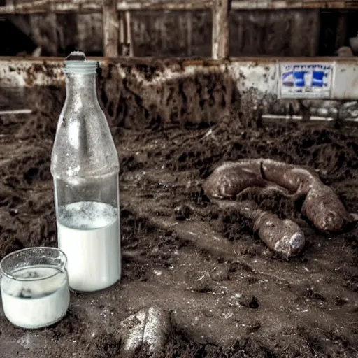 Image similar to dirty bottle of milk and a cow inside rusted slaughterhouse