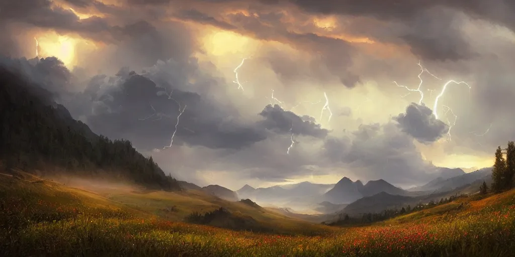 Image similar to a thunderstorm in the mountains, first light, mountains, lightning, meadow, wildflowers, clouds, dramatic lighting, sunrise, by greg rutkowski and jeffrey smith, trending on artstation