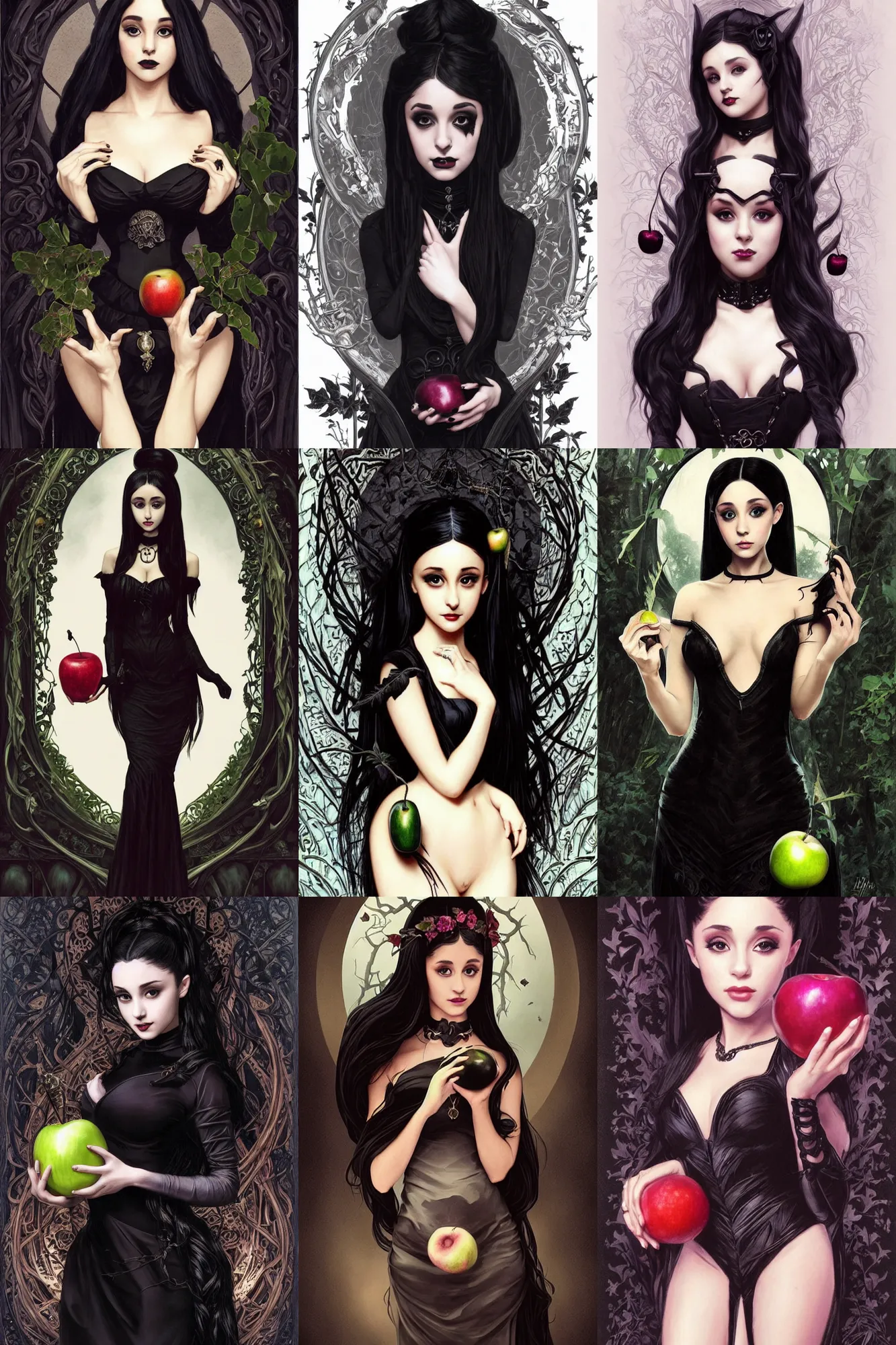 Prompt: beautiful gothic Ariana Grande holding a Black Poison Apple, Black Hair, dark forest, black dress, black background, intricate, elegant, highly detailed, digital painting, artstation, concept art, smooth, sharp, focus, illustration, art by artgerm and greg rutkowski and alphonse mucha