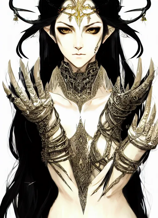 Prompt: Half body portrait of a beautiful elven priestess with long straight black hair wearing ornate white and gold robe. In style of Yoji Shinkawa and Hyung-tae Kim, trending on ArtStation, dark fantasy, great composition, concept art, highly detailed, dynamic pose.