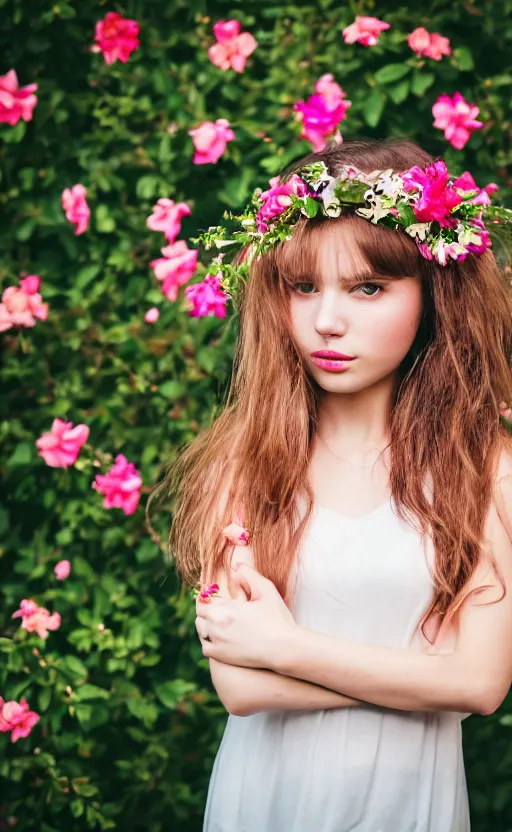 Prompt: portrait of a beautiful young girl with A LOT of flowers in her hair, beautiful composition, modern color palette, 50mm f1.8, ambient light,