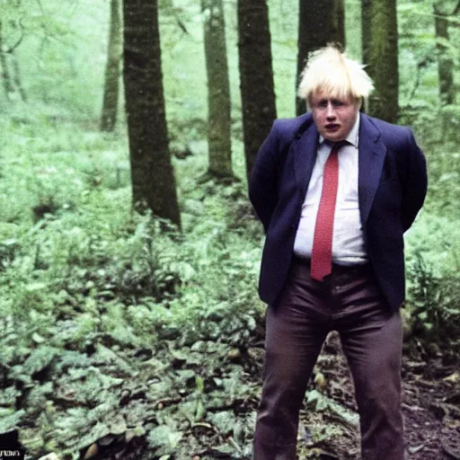 Prompt: found footage of boris johnson lost in the forest, last known photo, 1980s, eerie