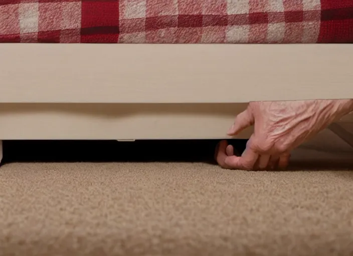 Image similar to film still of Christopher Walken hiding under a bed in the new Shining movie, 4k