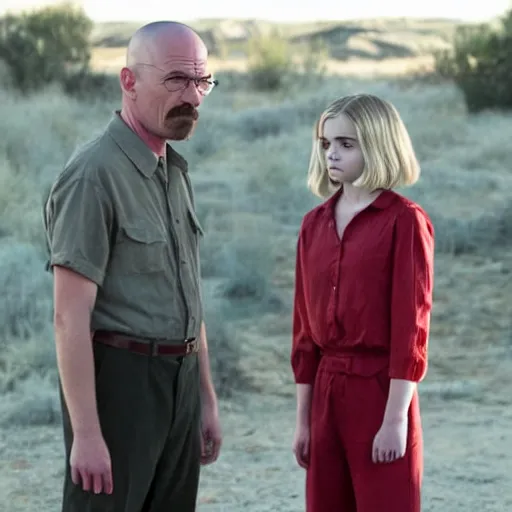 Prompt: kiernan shipka as sabrina spellman with walter white, still from breaking bad