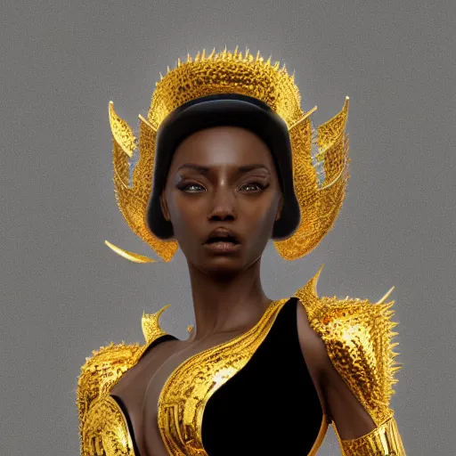 Prompt: Full body portrait, beautiful black woman with symmetrical features, standing in gilded black and gold armour, photorealistic, intricate detail, arnold render,