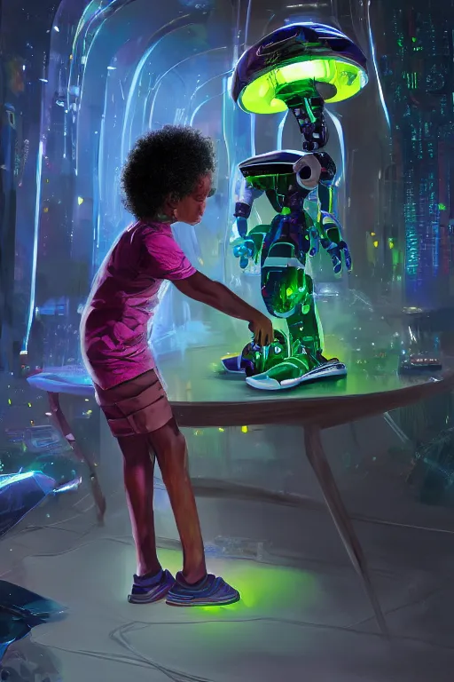 Image similar to a black kid playing with a futuristic robot in the nature, mixing solarpunk, afropunk, cyberpunk, ( ( ( ( volumetric light ) ) ) ), high angle, part by pearl fryar, part by prince damah, sunny day, trending on artstation, cinematic view, illustration, painting, realistic