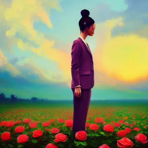 Image similar to closeup, giant rose flower head, frontal, girl in a suit, surreal photography, sunrise, blue sky, dramatic light, impressionist painting, digital painting, artstation, simon stalenhag