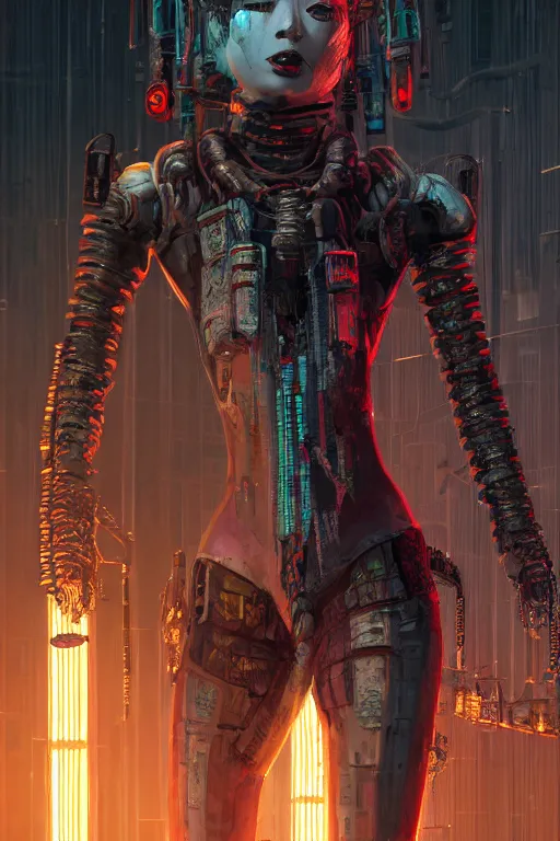 Image similar to Dark cyberpunk geisha. Biopunk, body armor, high detail, photorealism, full length view, concept art, Dan Mumford, Greg Rutkowski, Quixel Megascans, octane render, 16k, 8k, photoillustration