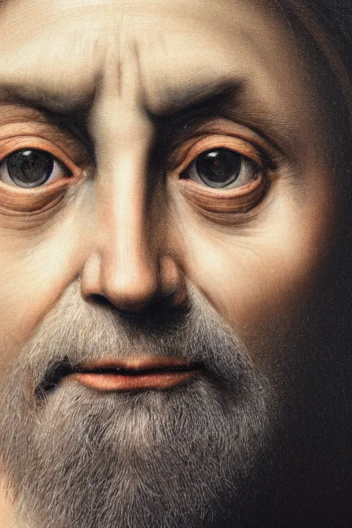 Prompt: hyperrealism close-up portrait a face divided in half into young and old in style of da Vinci