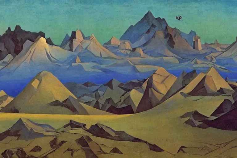 Image similar to A desertic mountain battlefield by Nicholas Roerich, by Georgia o Keeffe, by Gustave Moreau