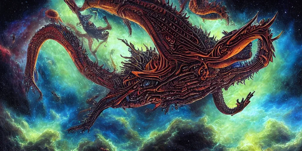 Prompt: alien dragon flying through outer space, epic nebula, dan seagrave art