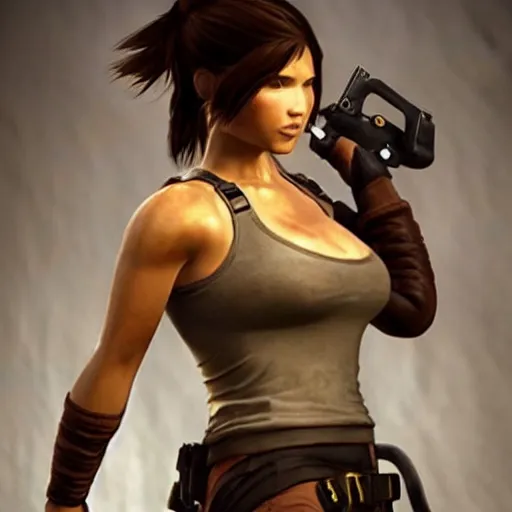 Image similar to Photograph of Lara Croft inflated like a balloon. Her body is huge and round, and she’s bulging out of her clothes.
