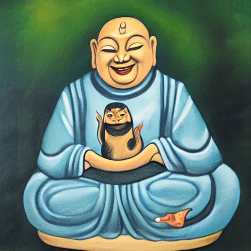 Image similar to painting of laughing buddha with cat