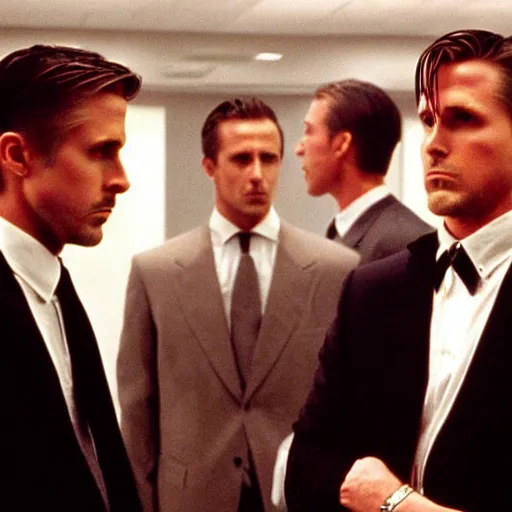 Image similar to ryan gosling clones surrounding christian bale in american psycho ( 1 9 9 9 )