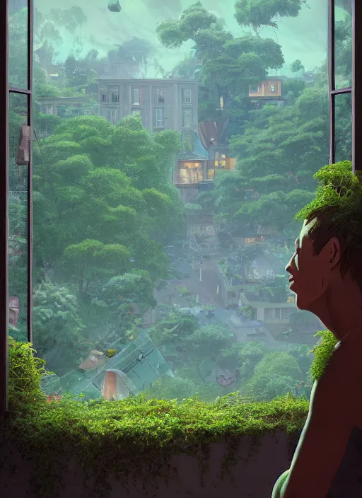 Prompt: lunarpunk portrait of a man looking out from his bedroom window to forest, city pop, au naturel, hyper detailed, digital art, trending in artstation, behance, deviantart, cinematic lighting, studio quality, smooth render, unreal engine 5 rendered, octane rendered, art style by pixar dreamworks warner bros disney riot games and ghibli studios