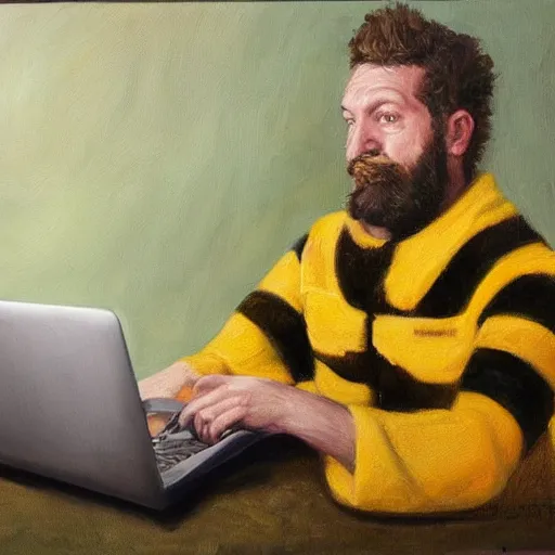 Prompt: tired man in a bumblebee costume drinks coffee in front of a laptop, highly detailed, masterpiece, realist, oil on canvas