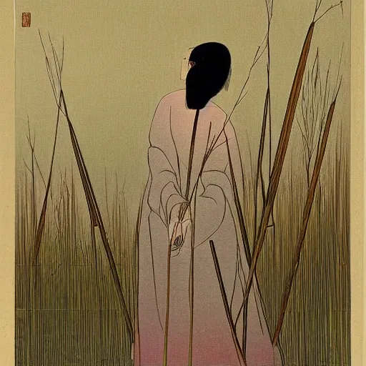 Prompt: The beautiful lover stands among the reeds by the river in the fog, Chinese style,