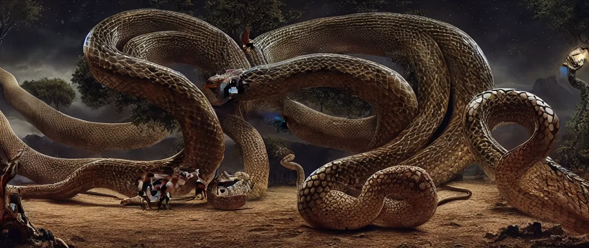 Image similar to a giant snake around the tree of life, high detail, 8k, ornate, dark fantasy, maximalist, realistic, masterpiece, complex, WLOP, film still from the movie directed by Denis Villeneuve with art direction by Salvador Dalí