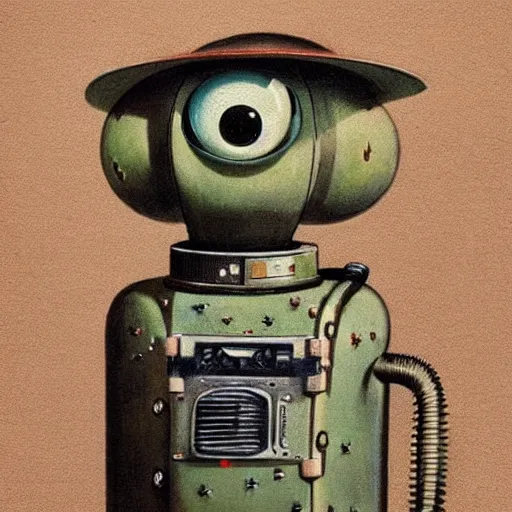 Image similar to medium shot 1 9 5 0 s retro cactus robot, bionic arms and eyes. muted colours. by jean - baptiste monge