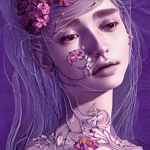 Image similar to the portrait of an incredibly beautiful and sophisticated woman made of potatoes roots and violets, an ultrafine detailed illustration by james jean, final fantasy, intricate linework, bright colors, behance contest winner, vanitas, angular, altermodern, unreal engine 5 highly rendered, global illumination, radiant light, detailed and intricate environment