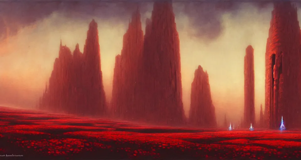 Image similar to a cinematic view ofnokron, eternal city, elden ring, harold newton, zdzislaw beksinski, donato giancola, warm coloured, gigantic pillars and flowers, maschinen krieger, beeple, star trek, star wars, ilm, atmospheric perspective