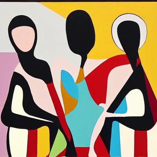 Prompt: A modern abstract painting in the style of HILDEGARDE HANDSAEME, depicting three women figures in three different rooms doing different poses, modern earthy neutral earthy, interesting geometry, in the style of HILDEGARDE HANDSAEME