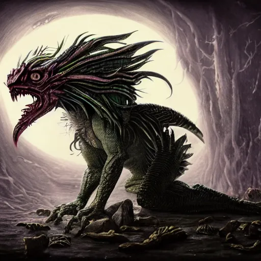 Prompt: a reptile bird monster chimera hybrid with claws fangs bristles feathers tails wearing surreal clothes wielding excalibur, dark alien world with stone ruins, during a hail storm, in the style of boris vellejo, julie bell, giger, gerald brom, leng jun, fantasy, dramatic studio lighting, wide angle, science fiction, vibrant, octane render 8 k