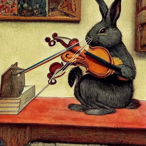 Prompt: a rabbit playing a violin inside a church, in the style of Carl larsson