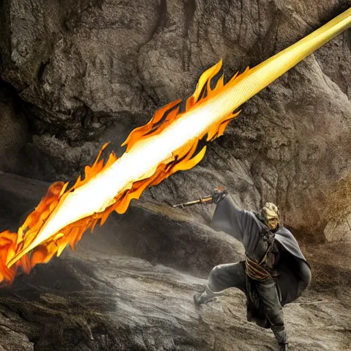 Image similar to A burning steel longsword, with an image of a champion striking down a cave dragon on the blade, in gold