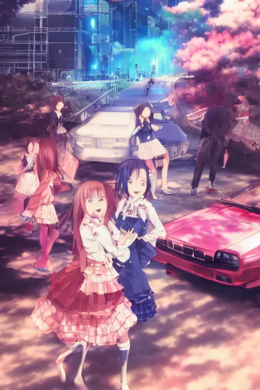 Prompt: 3D anime poster by D. Jun, by Mo Xiang Tong Xiu, Unreal Engine Infrared photo, beauty anime schoolgirls in Japanese maid's clothes and hugging inside a JDM car at night in a parking lot, anime vintage colors, polaroid, foggy, smoke, daz 3d, octane render, trending on artstation, volumetric light, cinematic render, ultra realistic, oil painting