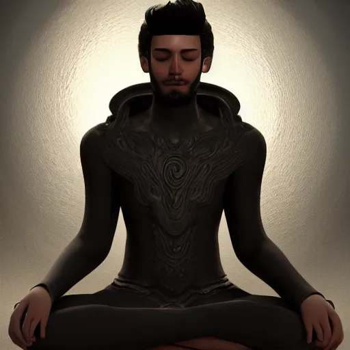 Image similar to a male mage in his 2 0 s with black hair, meditating with closed eyes. unreal engine, extremely detailed, award - winning art, trending on artstation