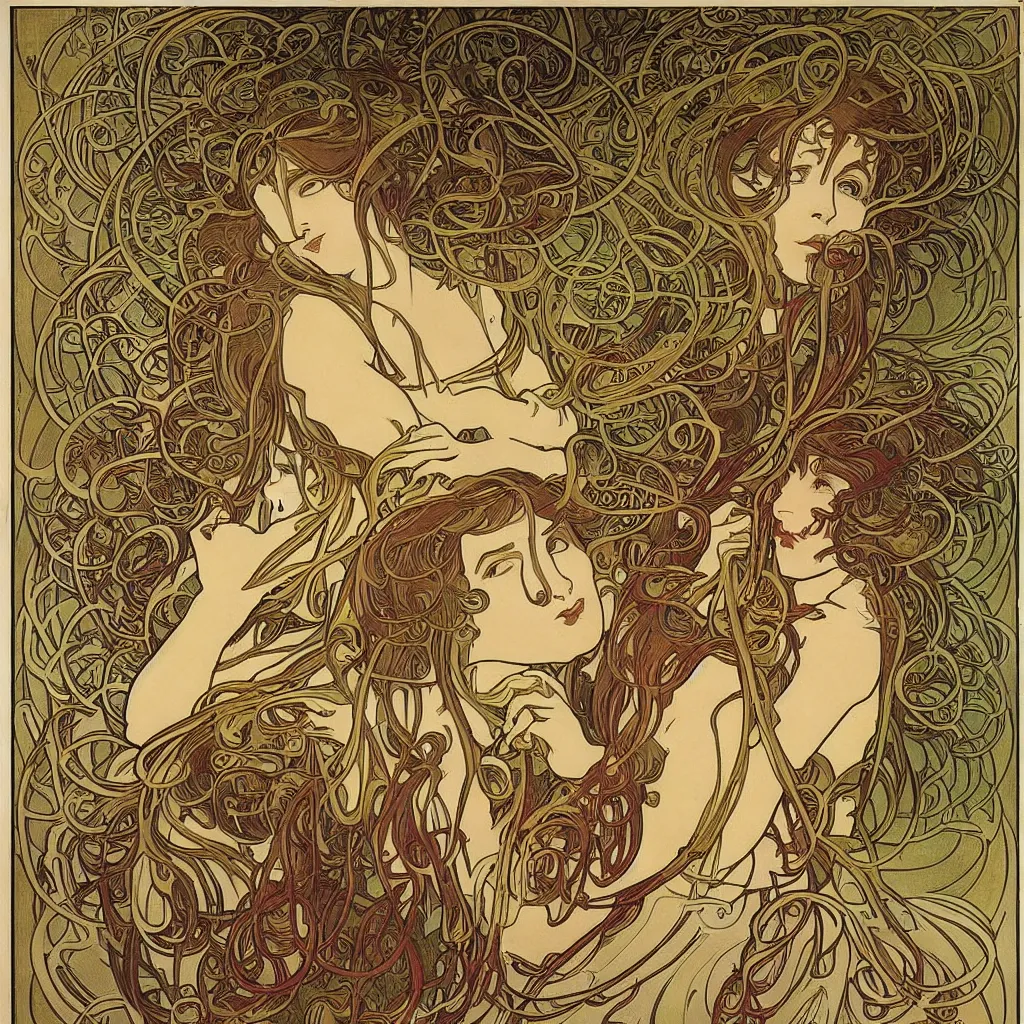 Image similar to organic psychedlic engraving by alphonse mucha and gustave klint