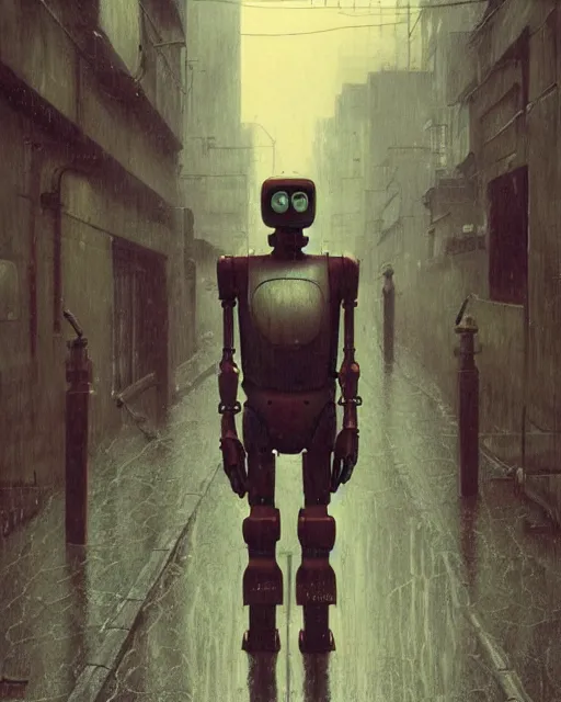 Prompt: robbie the robot walking through a wet alley, retrofuturism sci - fi old movie, highly detailed, photorealistic, 8 k, by beksinski and stalenhag