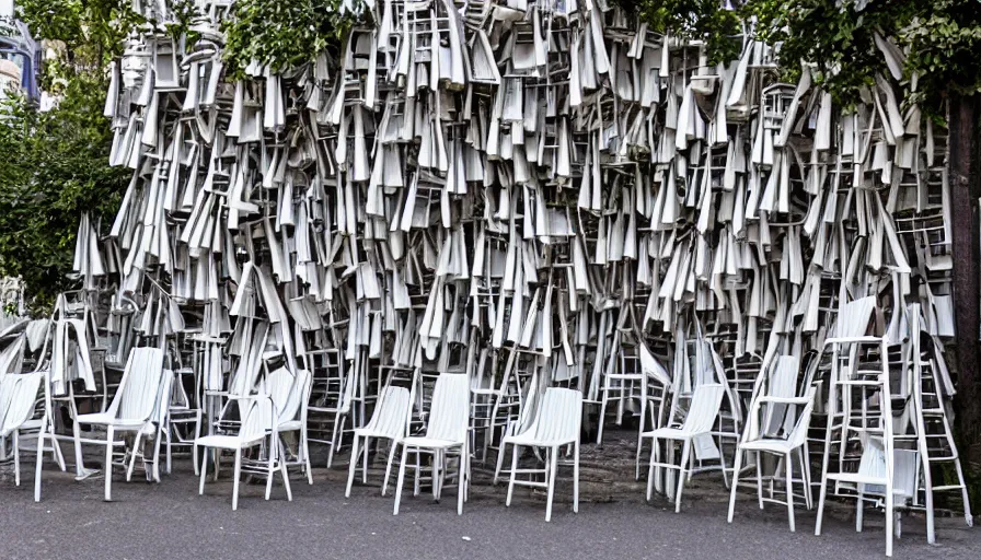 Prompt: chairs piled up ten meters high along the walls of the street, hyperrealistic shaded