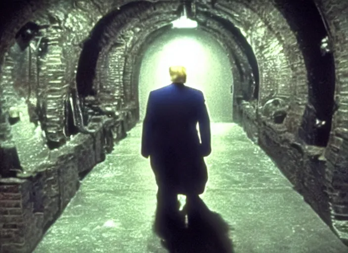 Image similar to screenshot from moody scene of Donald Trump in a lair, scene from the film Batman and Rob 1997 film directed by Joel Shoemacher, kodak film stock, anamorphic lens, 4K, detailed set design, stunning cinematography