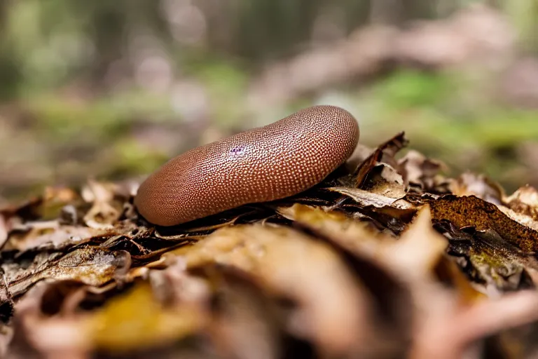 Image similar to a slug slithering on dead leaves in a forest, canon eos r 3, f / 1. 4, iso 2 0 0, 1 / 1 6 0 s, 8 k, raw, unedited, symmetrical balance, in - frame,