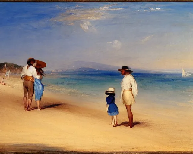 Image similar to a couple and a girl toddler on a beach in sardinia looking at a sailing boat, the man is wearing a panama hat, the woman has long dark hair, white sand, blue sky, summer, white and blue, painting by j. m. w. turner
