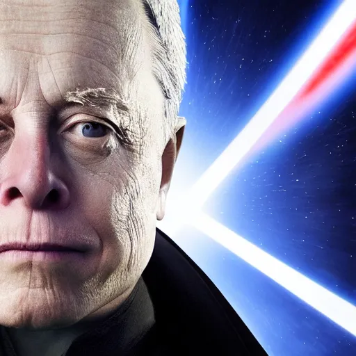 Image similar to elon musk as emperor palpatine as seen in stars wars episode 3 , 8k resolution, full HD, cinematic lighting, award winning, anatomically correct