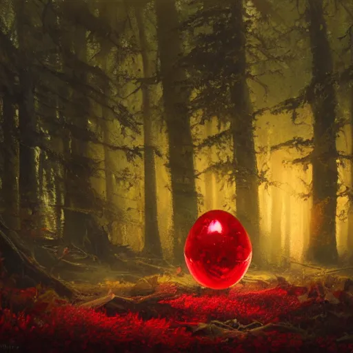 Image similar to A highly detailed oil painting of a blood red, crystal flower glowing bright red in the middle of a dark forest, by Greg Rutkowski.