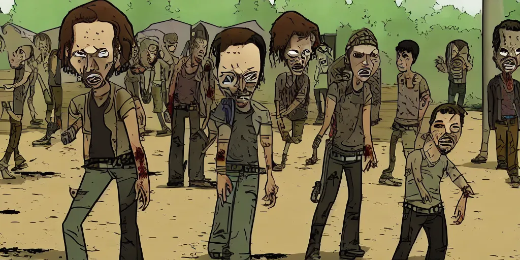 Image similar to frame from the walking dead, cartoonish style